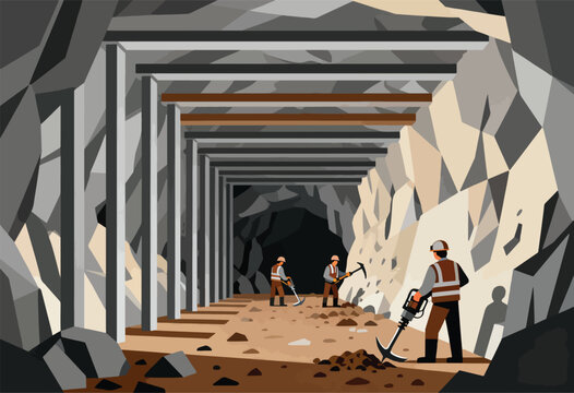 Miners work inside a dark, rocky tunnel, using tools. Supports above, light from behind
