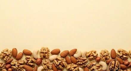 Assorted nuts border on cream background with copy space for text