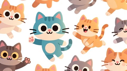 Cute and playful cartoon cat pattern featuring adorable feline characters in various happy poses, ideal for children's designs and cheerful backgrounds