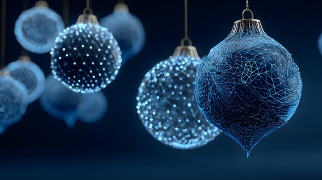Uturistic wireframe christmas balls in low poly 3d style on blue background featuring glowing lines and digital festive decoration, perfect for modern merry christmas and new year 2026 banner design w