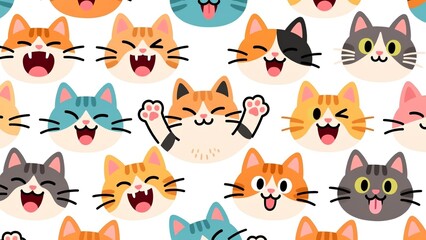 Obraz premium Cute and Colorful Cartoon Cat Faces Pattern Illustration