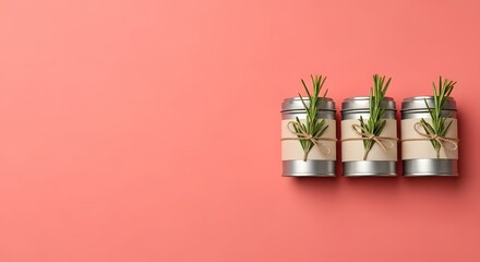 Three jars of bath salts with rosemary on a coral background