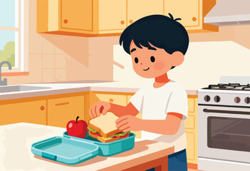 A smiling child packs a lunch, arranging a sandwich and apple in a container, in a bright kitchen
