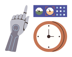 Robotic arm pointing upward, digital control panel with gauges, and analog clock. Ideal for automation, technology, productivity, time management, innovation robotics and process efficiency. Simple