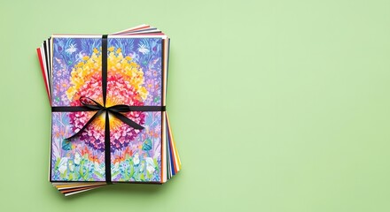 Stack of colorful art prints tied with ribbon on green background
