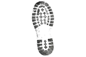 Single isolated black and white rugged boot print with detailed tread pattern