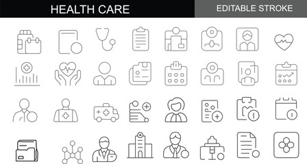 Comprehensive Health Care and Medical Line Icon Collection: Editable Stroke Vector Graphics for Wellness, Hospitals, Doctors, Diagnostics, and Patient Records