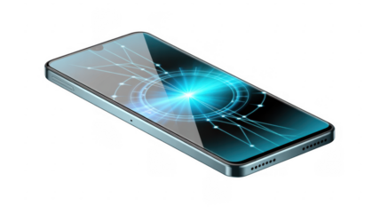 Silver smartphone with glowing blue digital network graphic on screen isolated on a transparent background