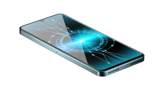 Silver smartphone with glowing blue digital network graphic on screen isolated on a transparent background - Powered by Adobe