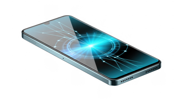 Silver smartphone with glowing blue digital network graphic on screen isolated on a transparent background