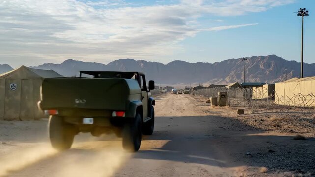 Camera captures army camp activities during training in a desert landscape surrounded by mountains, Camera passing through an army camp and training facility in the middle of the desert