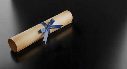 Rolled diploma with blue ribbon on black reflective surface for graduation ceremony