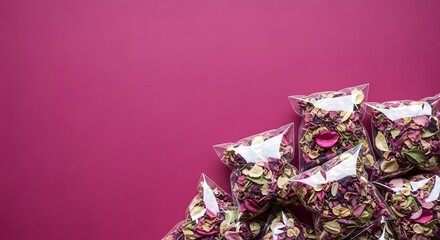 Bags of potpourri stacked on a dark pink background with copy space