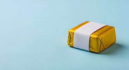 Golden wrapped chocolate cube with white label on a light blue background