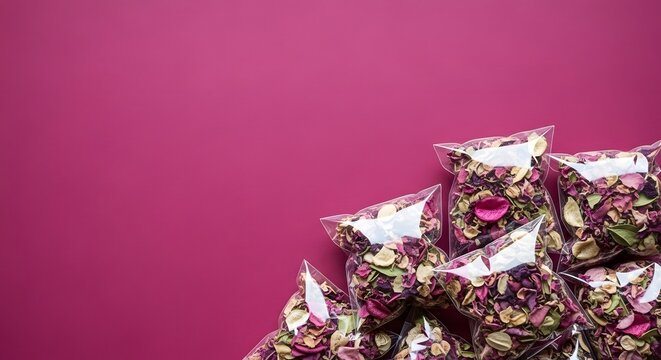 Bags of potpourri stacked on a dark pink background with copy space