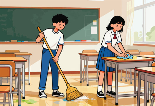 Cartoon classroom scene Boy sweeping, girl wiping a desk, desks, blackboard, window, & sunlight