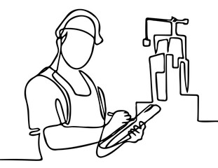 Continuous line drawing of factory worker inspecting equipment
