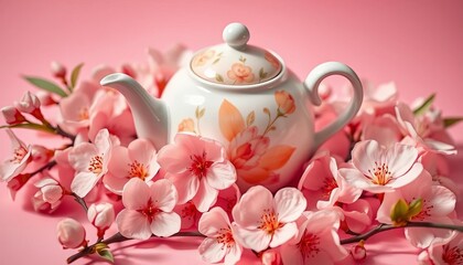 A porcelain teapot rests amidst delicate peach blossoms on a soft pink background, picture, petals