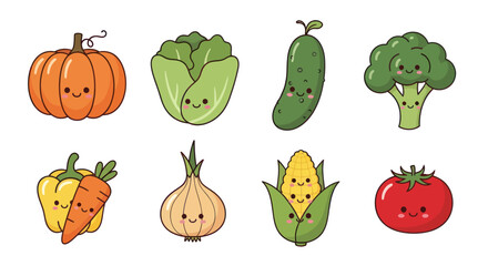 Cartoon vegetables illustration with smiling faces for healthy eating