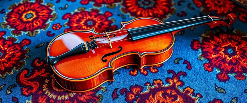 A polished violin rests on a vibrant, patterned rug, instrument, classic