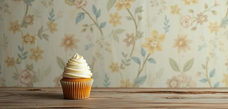 A single, frosted cupcake sits on a worn, wooden table against a faded, vintage wallpaper backdrop,  food,   sweet treat