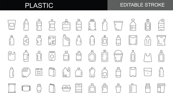 Comprehensive Plastic and Packaging Icon Collection: Editable Stroke Vector Line Icons for Recycling, Manufacturing, Bottles, Containers, and Waste Management