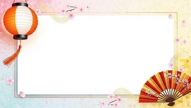Japanese traditional frame with lantern fan and cherry blossoms background
