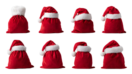 Collection of Eight Red Santa Sacks with Hat Elements Isolated, Set of Christmas Gift Bags and Santa Hat Elements for Holiday Design
