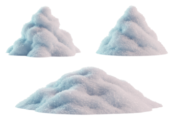 three ultra-detailed, fluffy snowdrifts, textured with crystalline powder, on a transparent background with luminous reflections, captured close-up with high-key lighting. concept for winter