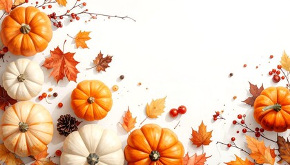 Autumnal Abundance - Pumpkins and Leaves on White Background.