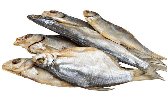 dried vobla fish on a white background.