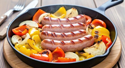 Rustic Polish Kielbasa Sausage on a Cast Iron Skillet with Hearty Roasted Vegetables