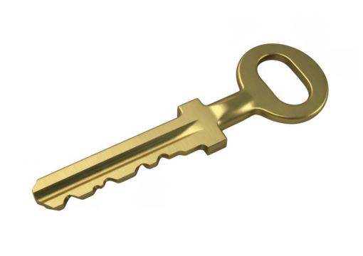 Single brass key with a circular bow and serrated bit isolated on a transparent background
