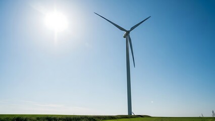 Obraz premium Green energy mill generates alternative power and electricity from wind turbine technology in a blue sky environment