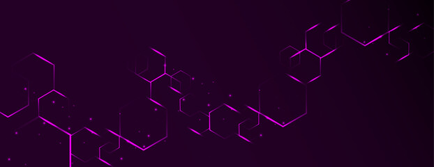 Abstract vector background. Interlacing of hexagons of various shapes with a glow effect. Purple background