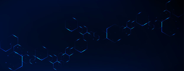 Abstract scientific vector background. Interlacing hexagons of various shapes on a dark blue gradient with a plexus effect. Hexagon background