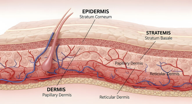 Human skin anatomy layers, hair follicle, blood vessels and nerve endings diagram