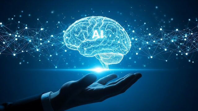 Abstract concept of a blue 3D human brain scan in a hand, illustrating medical intelligence and technological neurology
