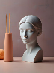 Plaster woman statue with soft warm aesthetic, woman statue with vase	