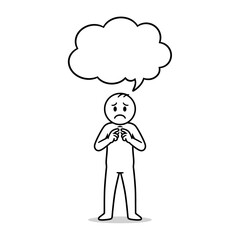 Fototapeta premium Stickman with a nervous expression and a large thought cloud above, indicating overthinking. Clean vector illustration.