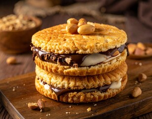 Realistic photo of thick martabak manis with chocolate, peanuts, and condensed milk filling under warm lighting