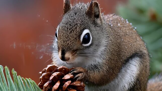 Squirrel eating pinecone on evergreen branch with blurred background
