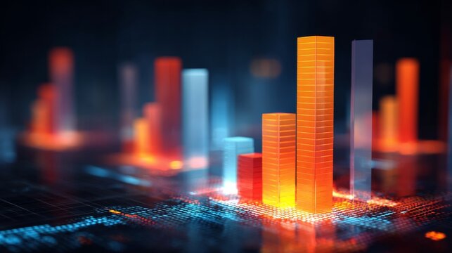 Abstract 3D Visualization of Colorful Bar Graphs on Dark Background Representing Data Trends in Business and Technology