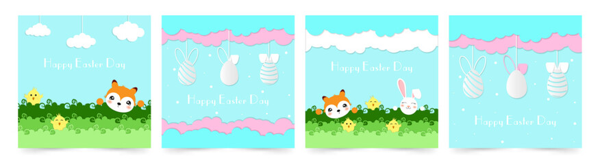 Easter card with chicken eggs, chickens and a fox in the style of cut-out paper. Collection of postcards