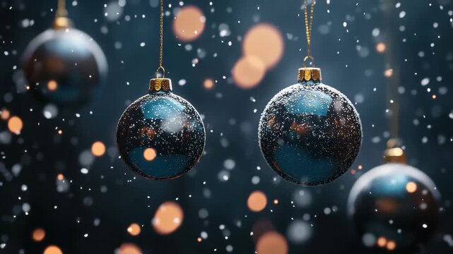 Snow falls softly on sparkling Christmas baubles hanging in the air celebrating the holiday season, christmas baubles over snow falling