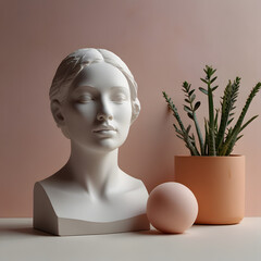 Plaster woman statue with soft warm aesthetic, woman statue with vase	