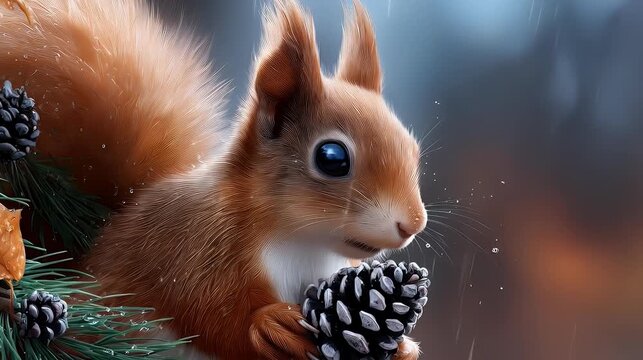 Squirrel holding pine cone autumnal scene