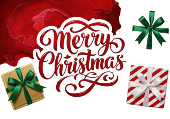 Elegant red copperplate calligraphy 'merry christmas' script, photorealistic vector illustration, isolated on white, golden and striped gift boxes concept for holiday greeting card design