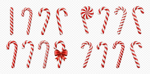 Realistic vector illustration set of various red and white striped candy canes and a round lollipop, perfect for festive holiday designs.