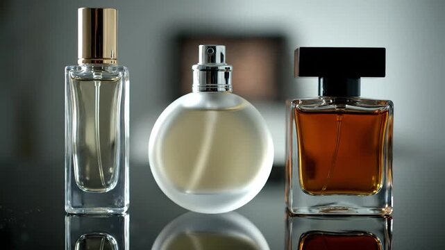 Three perfume bottles sit in a row, each with a distinct shape and hue. Reflective surface